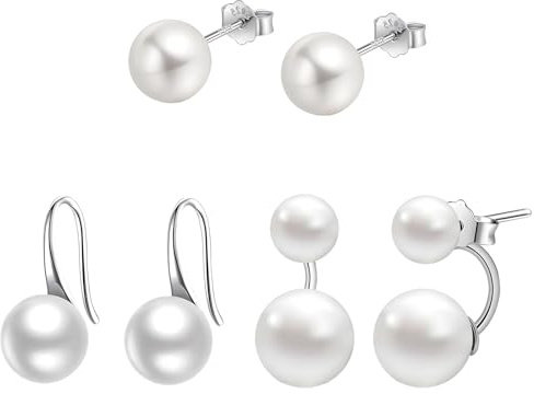 Hinvan 3 Paar Perlen ohrringe für Damen, Ohrringe Perlen Hängend, Ohrstecker Perlen Silber 925, Süßwasserperlen Ohrringe Damen Silber Perlenohrstecker