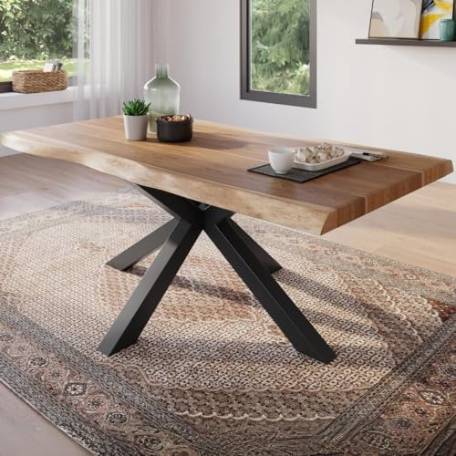trelevo Esszimmertisch 160x85 cm naturfarben Spider-Gestell Baumkante | Akazienholz massiv, Tischplatte, schwarz, Baumkantentisch