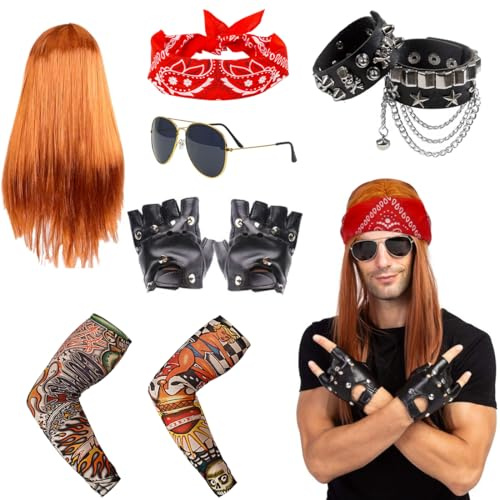 Meleager Disfraz Años 70 80 90, Disfraz Rockero, Disco Costumes, Accesorios Disfraz Punk con Peluca Guantes Gafas de Sol Banda Cabello Pulsera Tatuaje Mangas, para Carnaval & Fiesta Temática
