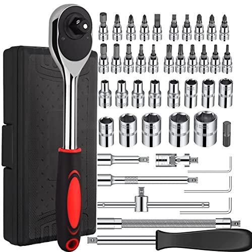 QWAXTRIW Socket Wrench Set, Professional 46Pcs Metric Socket Ratchet Wrench Set 1/4 Drive Socket Wrench Driver Bits Metric Set with 1/4 Torque Wrench 5-25Nm for Home and Car Repair etc (Styleablack)