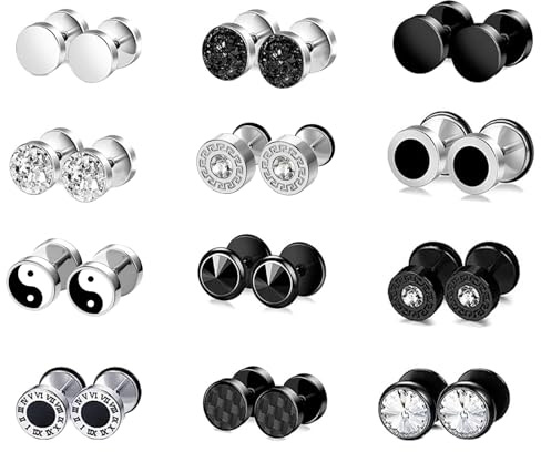ZENGSING 12 Paar Herren Ohrringe Edelstahl Silber Schwarz Ohrstecker Set Fake Tunnel Ohrringe Set Herren Edelstahl Runde Hypoallergen Ohrstecker für Damen Männer 8MM