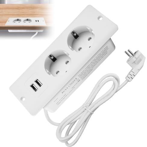 Versenkbare Steckdose mit 2 USB, Einbau Steckdosenleiste 2-Fach mit 1.6m Kabel, Tischplatte Versenkte Einbausteckdose Mehrfachsteckdose, Tischsteckdose für Möbel oder Arbeitsflächen, Weiß