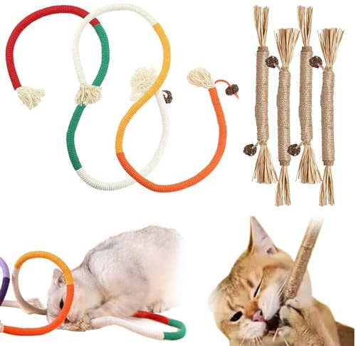 QITIXI:OU 6 Stück Kauspielzeug Katze mit 2 Beißseilen für Katzen und 4 Katzenminze Stick, Interaktive Beißseil, Katzenspielzeug Selbstbeschäftigung Mit Katzenminze, Für Die Katzen Zahnpflege