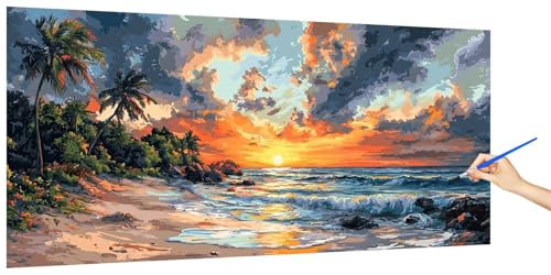 Malen Nach Zahlen Erwachsene Strand, Malen Nach Zahlen SonnenuntergangKinder Kleines Format, DIY Paint by Numbers Kreativ Set AnfäNger Inklusive Pinsel und Acrylfarben Ohne Rahmen Deko 100x50cm F-6