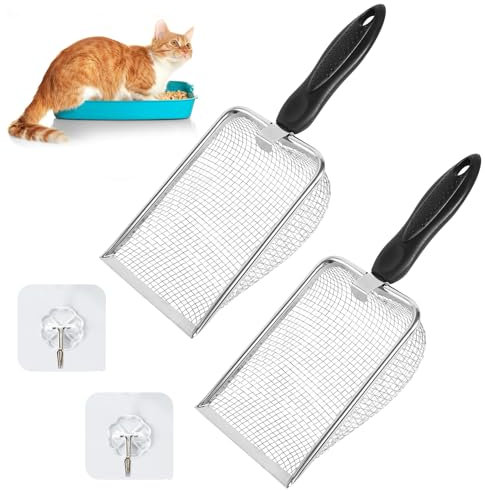 2 Stück Katzenschaufel Edelstahl für Katzenklo Katzenklo Schaufel Metall 3.8 mm Porengröße Katzenstreuschaufel mit Langer Griff Schaufel für Katzentoilette Katzenstreu Schaufel für Alle Katzenstreu