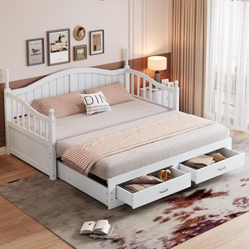 Dolamaní Ausziehbett gleiche höhe Schlafsofa Holz 90/180x190 cm, Bett mit Stauraum Schubladen und Lattenrost,geschwungener Rückenlehne und Armlehnen (Weiß)