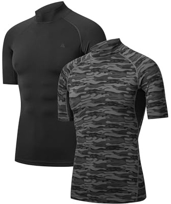 DANISH ENDURANCE Camiseta Deporte Hombre de Compresion de Manga Corta, Pack de 2, Multicolor (1x Negro, 1x Gris Camuflaje) 2-Pack, L
