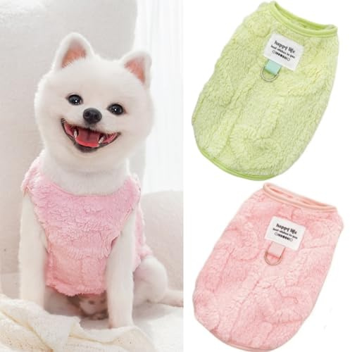 Yaopelky 2 st små hundtröjor med koppel D-ring fleece varm valptröja höst vinter husdjurskappa hundkläder för små medelstora hundar, katter (rosa-grön, M (2,5-4 kg))