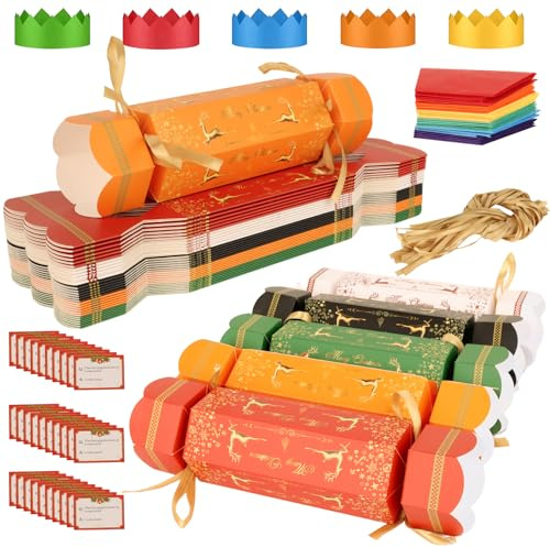 30 Packs Make Your Own Christmas Crackers Kit, DIY Christmas Crackers Bulk, Christmas Party Xmas Crackers Candy Paper Boxes with Hats Riddle Cards, Christmas Crackers Novelty Decorations,No Snap (#2)