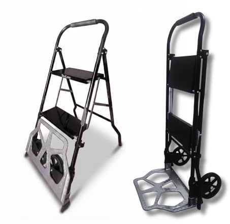 BauLuxe Trittleiter, Klappbar & Sackkarre 2-in-1 als 2&3 Stufen Aluminium-Klappleiter, schwarz/Silber, mit Transporträdern, Umzug, Renovierung und für den Alltag