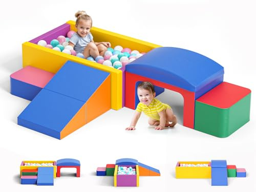 Helangel Bloques de construcción de Espuma XXL para niños, Bloques de Espuma para Escalar con Funda de Cuero, Juego Suave para Escalar para niños pequeños de 1 a 3 años (Piscina de Bolas Arcoiris-6)