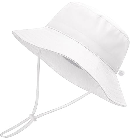 Voqeen Baby solhatt barn sommar hinkhattar småbarn brett brätte solskydd keps strand badhatt med justerbara remmar solhattar för pojkar flickor utomhus, Vitt, S