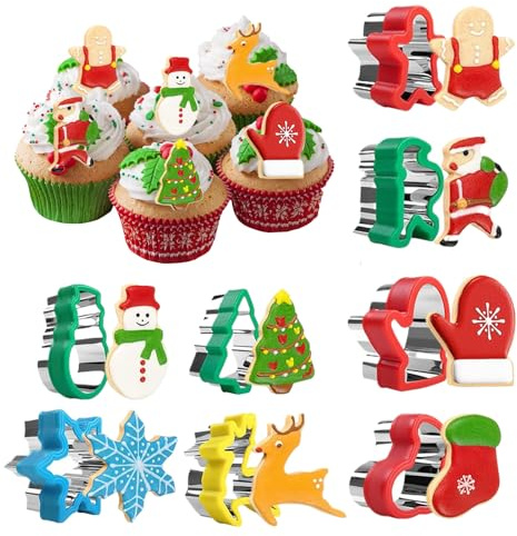 Julkaksformar - 8 delar rostfritt stål bakverk set med snöformer, träd, bröd, hjort och jultomte | perfekt för