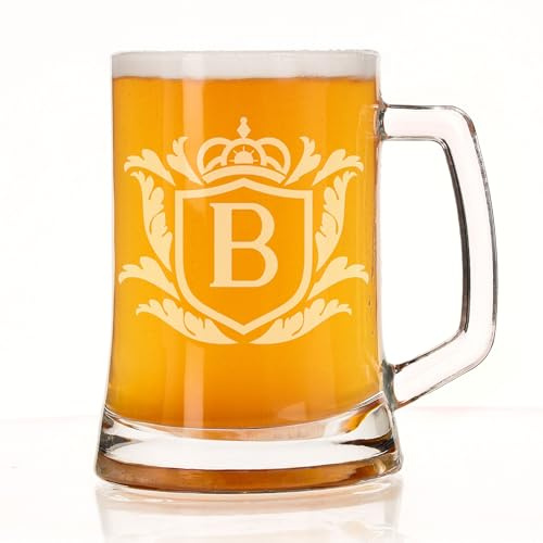 Personalised Beer Stein Shield Monogram – Engraved Shield Initial Monogram Glass Beer Mug with Handle Gift for Beer Lovers, Dad, Him – Birthday, Christmas, Retirement Gift Letter B