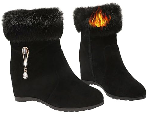 YHTRFDMSG Bottines à talons compensés élégantes pour femme avec strass - En daim synthétique - Fourrure chaude - Élégantes, Noir , 36 EU