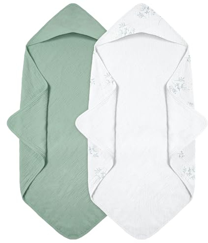 Huvhandduk baby 2-pack, muslinbomull, babyhandduk, huva, mjuk och absorberande babyhandduk med huva, lämplig för nyfödda och spädbarn 0–18 månader, 76 x 76 cm, Grön blomma