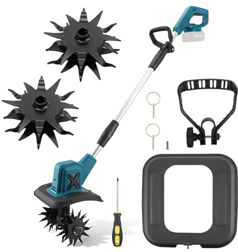 Motobineuse Electrique sans Fil,Motoculteur Batterie 18V, Bineuse électrique sans Fil avec Moteur sans Balais, Largeur Travail 20 cm, Profondeur Travail 15 cm,pour Jardins et Cours (sans Batterie)