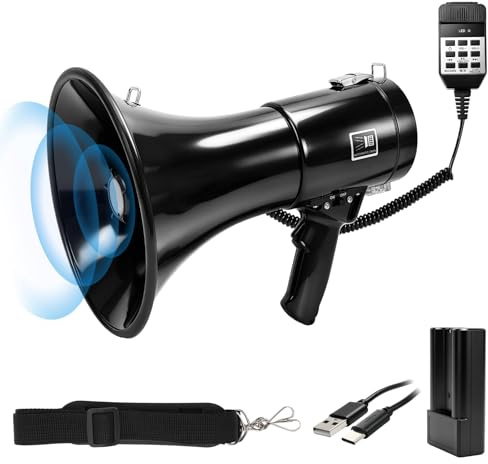 Megafon 150W, Megaphone mit Bluetooth & 700s Aufnahme, Reichweite bis 2000m | Lautsprecher mit Sirene, Externem Handmikrofon, USB-Wiedergabe, Doppelte Stromversorgung, Verstellbarem Schultergurt