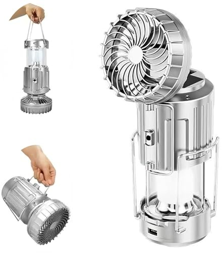 LED Campinglampe Solar mit Ventilator,1500mah Aufladbar Camping Ventilator mit Licht, Solar LED Campinglampe für Stromausfälle, Camping, Wandern, Notfälle (silver)