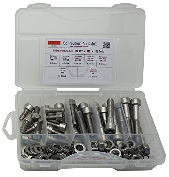 Sortiment DIN 912 M8 Edelstahl A4 118 Teile ; Zylinderkopfschrauben/Innensechskantschrauben, inc. Muttern DIN 934, Unterlegscheiben DIN 125, Material VA V4A