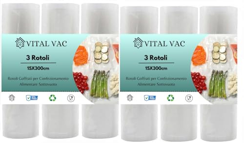VITAL VAC Vakuumierbeutel 6 Rollen 15 x 300 cm | Für Lebensmittel-Vakuumierer | Wiederverwendbar | Geeignet für Konservierung, Gefrier, Mikrowelle und Sous Vide Kochen