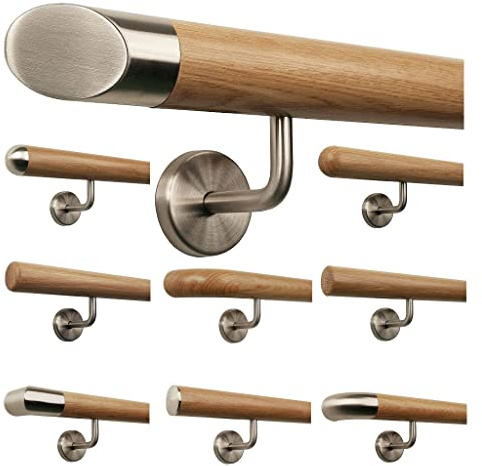 TIBU Barandilla de madera de roble 0,3 m – 6 m, longitud 130 cm, pieza inclinada de acero inoxidable y 2 soportes en ángulo