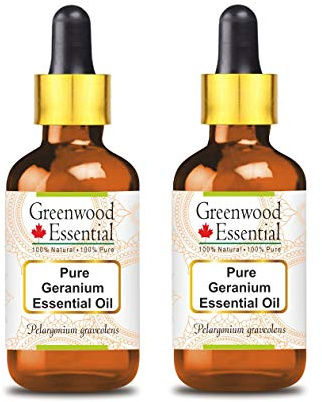 Greenwood Essential Huile essentielle de géranium naturelle (Pelargonium graveolens) avec compte-gouttes en verre distillée à la vapeur 100 ml x 2 (6,76 oz)