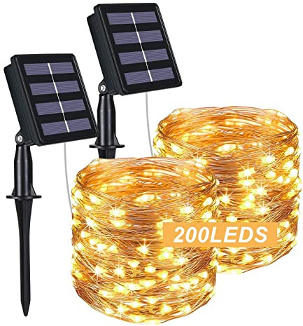 flintronic 200LED 22M Catena Luminosa Solare, IP67 Luci Solari Esterno, 8 Modi Luci Solari, Impermeabili Luci Decorative, Stringa per Giardino, Matrimonio, Natale (Bianco Caldo) - 2Pezzi