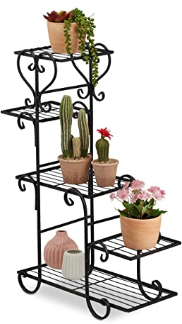 Relaxdays Blumenregal Metall, Vintage, HxBxT: 75 x 56 x 23 cm, Pflanzenregal innen, Blumentreppe mit 5 Ablagen, schwarz