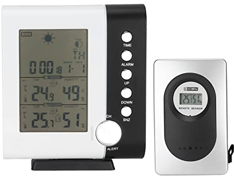 Wireless Weather Station, Weather Station Outdoor Sensors Wireless Barometer, Alarm Clock, Snooze, Weather Forecast, Easy to Read, for Home Bedroom Garden