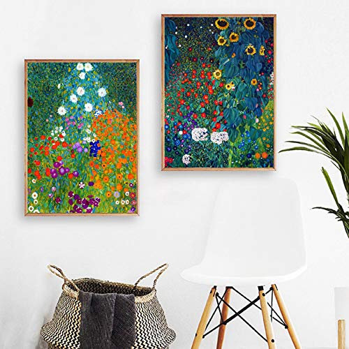 XIANGPEIFBH Leinwand Gemälde von Gustav Klimt Bauerngarten Landschaft Wandkunst Bilder Bauerngarten mit Sonnenblumen Poster Wohnkultur 60x80cm(24x31in) x2 Ungerahmt