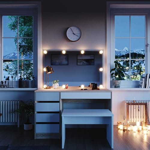 Vicco Schminktisch Sherry, Weiß/Sonoma, 120 cm | mit LED Beleuchtung und Bank, geeignet zur täglichen Anwendung mit stabiler Sitzmöglichkeit
