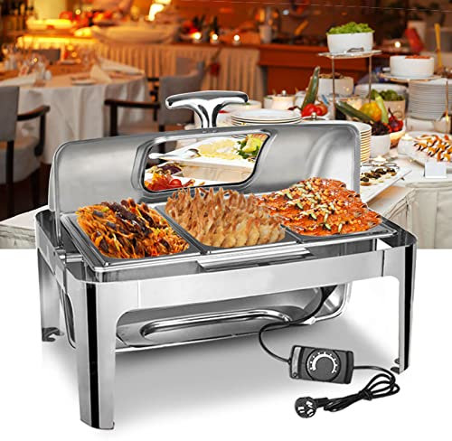 Chafing Dish Food Warmer Buffet Server, Food Warmer Container Chafing Dishes Roll Top for Keep Hot Food Warm for Buffet Catering Party, Clear Lids+Adjustable Temperature, Stainless Steel, 400W, 9L