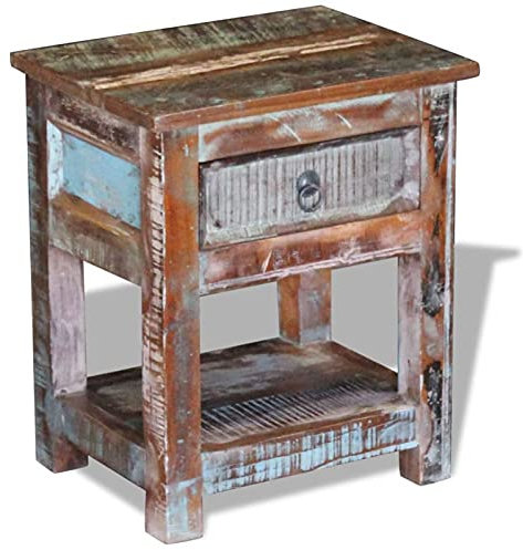 Yongdu Beistelltisch mit 1 Schublade, Tabletttisch, Blumenhocker, Nachttisch, Couchtisch, Wohnzimmer, Nightstand, Altholz Massiv 43x33x51 cm