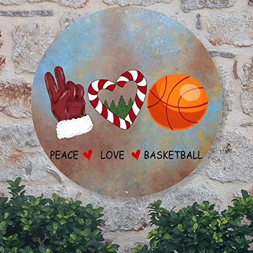Peace Love Basketball Welcome Door Sign Basketball Metal Sign Custom Ball Wall Art Vintage Metal Wreath Sign Rustic Wall Decor For Man Cave Coffee Bar Indoor & Outdoor Decor 9x9in