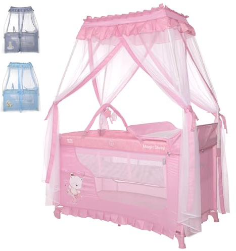 Lorelli 3 in 1 Babybett und Laufstall, Baldachin Betthimmel Magic Sleep mit 2 Ebenen, Kinderbett ab Geburt, Baby Reisebett, Wickelauflage, Rollen, Tasche, rosa