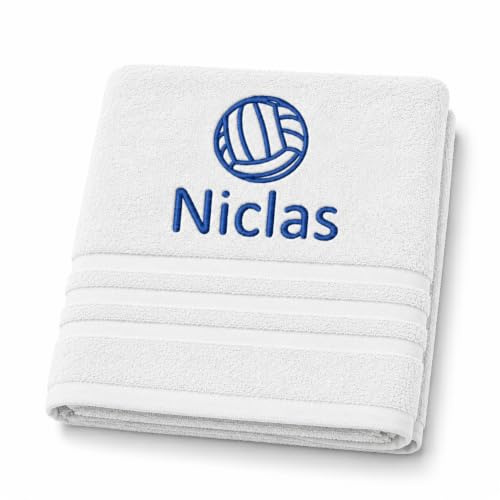 Pet-Jos Personalisiertes Handtuch mit Namen Schön gestickter Sport Name Handbadetuch 100% Baumwollhandtuch Sportliche Motive Personalized Custom Towel with Name (140 x 70 cm, Volleyball Sport)