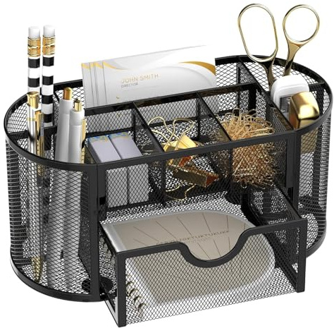 SUPEASY Mesh Desk Organizer, Desk Accessories & Workspace Organizers with Drawers, Pencil Holder for Desk with 9 Compartments for Office Supplies, School, Classroom, 8.6 x 4.3 x 4.1 Inch, Black