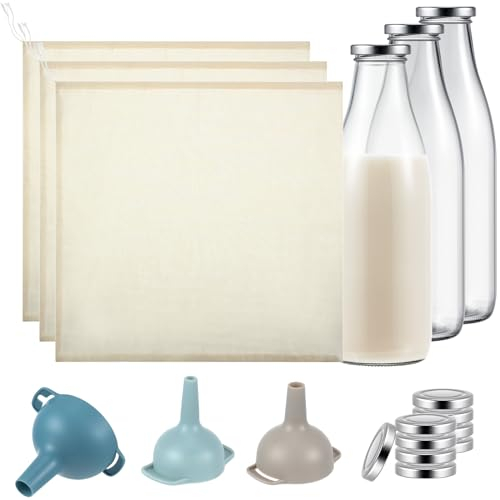 Hushee 9-teiliges Nussmilchbeutel-Set 3 35,6 x 35,6 cm Seihtuch Baumwolle Nussmilchbeutel 3 935 ml Glasmilchflasche mit Deckel 3 wiederverwendbare Küchentrichter zum Abseihen von Hafer, Mandelmilch,