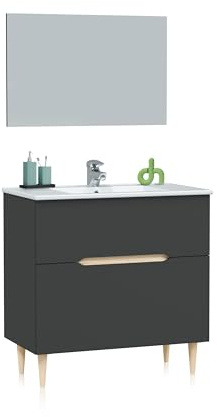 duehome | Mueble de Baño con Espejo, Módulo con Almacenaje, Modelo Opera, Acabado en Antracita y Roble, Medidas: 80 cm (Largo) x 45 cm (Fondo) x 80 cm (Alto)