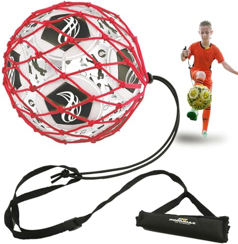 PodiuMax Poignée Solo Football Kick Trainer avec nouveau filet verrouillable pour ballon de football, filet élastique pour entraînement de jonglage (convient aux ballons de taille 3, 4, 5) (rouge)
