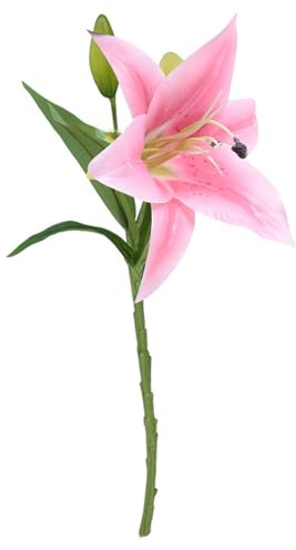 pofluany Lebensechte künstliche Blumen, realistischer künstlicher Lilienzweig mit Stiel, grüne Blätter, Zuhause, Hochzeit, Party, Kunstblumen, Blumenarrangement, Innen- und Außenbereich, Garten, Rosa