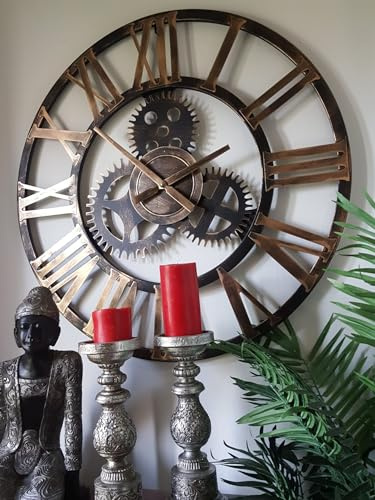 76cm - 100% Metal Large Skeleton Gear Wall Clock - Rustic Gold Colour - Industrial Mechanical Look - Metal Wall Clock - Roman Numerals - Wall Art - Silent Clock