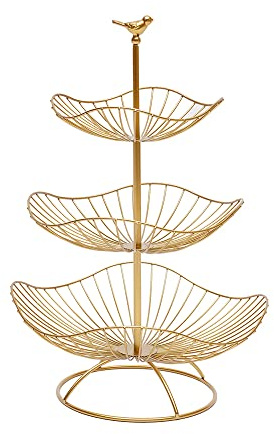 Bagyaluu Frutero de 3 niveles, color dorado, cesta de frutas con cesta de metal decorativa para verduras, aperitivos, artículos del hogar y mucho más