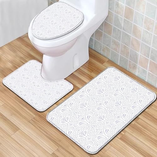 Bad Teppiche Set 3-Teiliges Weiß Lila Elegant WC Vorleger Mit Ausschnitt Badematte Saugfähig WC Deckelbezug Badvorleger rutschfest Waschbar Toilettensitzbezug Badgarnitur (50x80cm)