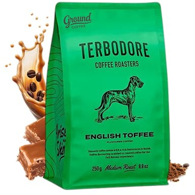Terbodore | English Toffee Ground Coffee, 250g Bag, Medium Ground Arabica | for French Press, Aeropress, Filter, No Added Sugar, Hot or Iced, Made for Home & Café, Toffee Flavoured Ground Coffee