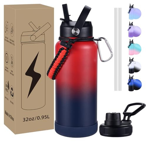 CoolSub Insulated Water Bottle, 32 oz Stainless Steel Wide Mouth Water Bottles with 2 Leak Proof Lid and Paracord Handle, Double Wall Vacuum Insulated Sports Water Bottle, Red Navy