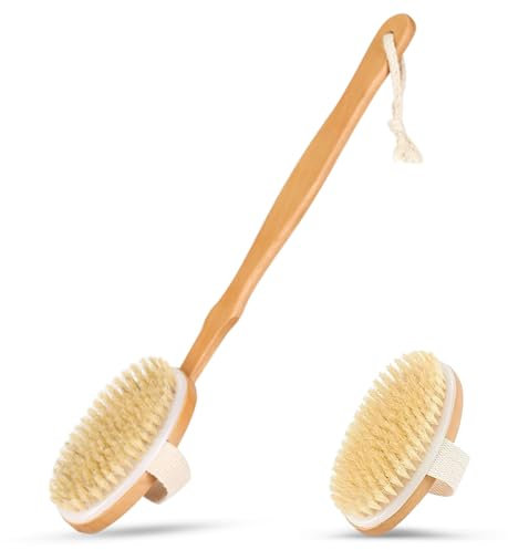 Back Scrubber for Shower,Shower Brush for Exfoliating Skin and A Soft Scrub, Body Brush Head for Wet or Dry Brushing, Long Wooden Handle Cleans The Body Easily