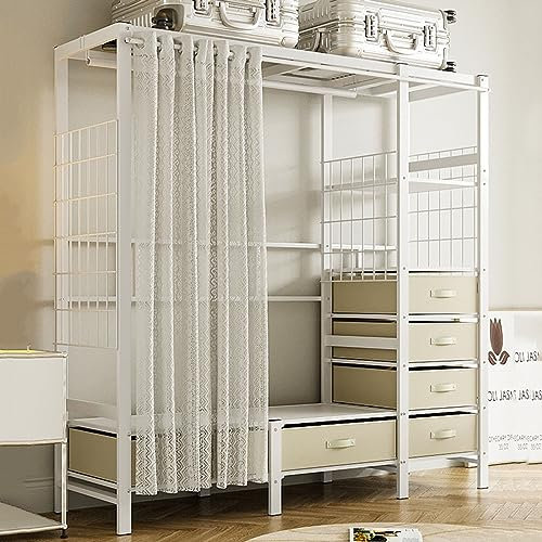 Kleiderständer, Kleiderschrank mit Vorhang zum Aufhängen von Kleidung, robuster Kleiderständer, großer Schranksystem, Organizer, begehbarer Schrank für Schlafzimmer, 4 offene Regale und 6 Schubladen