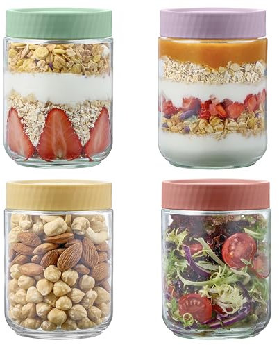 Danmu Art 4Pack Glass Overnight Oats Jars with Leak-proof Lids - 500ml/16OZ- Stackable Jam Jar - Pickling, Canning, Preserving for Kitchen Food Storage Container